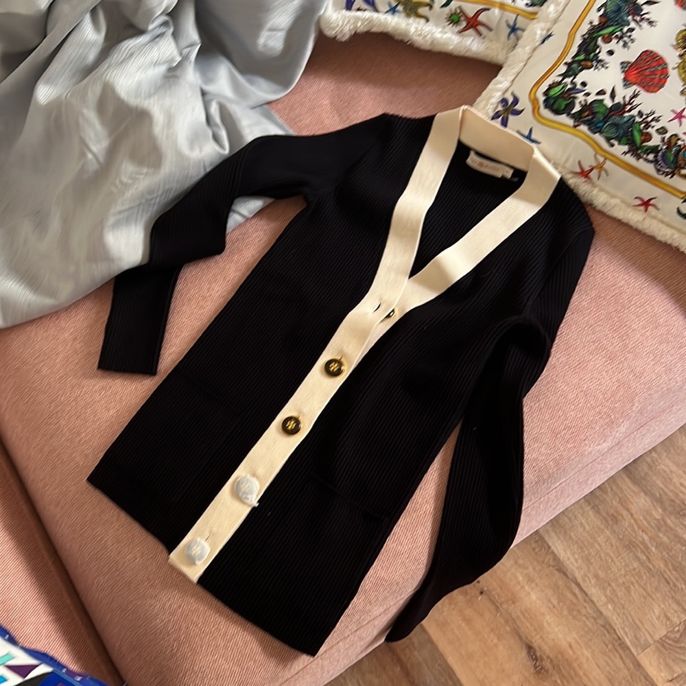 Tory Burch ribbed knit cardigan new and never worn, black with cream trim